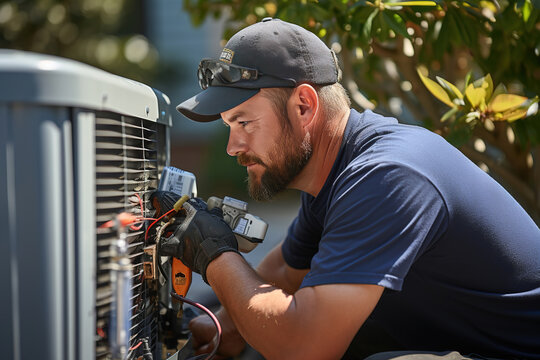 HVAC technician performing maintenance on residential air conditioner condenser in Lubbock