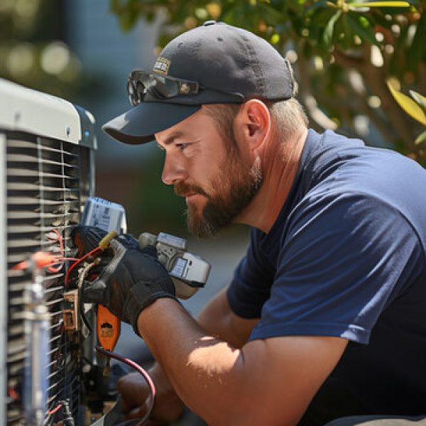 HVAC technician performing maintenance on residential air conditioner condenser in Lubbock